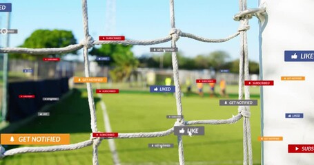 Animation of social media notifications overlaying soccer net on field - Powered by Adobe