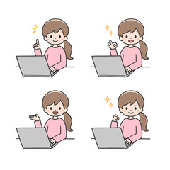 いろいろなポーズでパソコンを操作する女性のセット