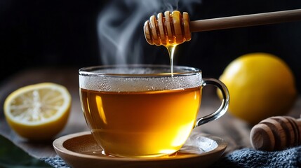 Cozy winter tea honey and lemon A steaming cup of herbal tea with honey drizzling from a wooden dipper
