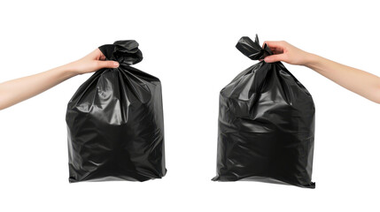 Woman holding full black garbage bag on transparent background