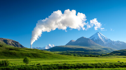 Fototapeta premium Geothermal energy plant operations mountain landscape nature photography lush green environment wide viewpoint sustainable energy concept