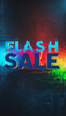 Futuristic cyber-themed flash sale banner with vibrant neon colors and digital circuit background. Perfect for e-commerce promotions, tech sales, and online marketing