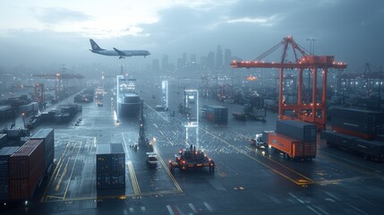 Fototapeta premium A modern expansive logistics terminal at dawn featuring towering cranes numerous cargo containers and ships docked in the harbor against the backdrop of a stormy cloudy cityscape skyline