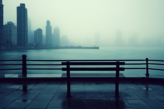Empty bench on a misty waterfront promenade during a rainy day - Powered by Adobe