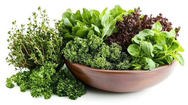Various herbs and lettuce in a bowl on white