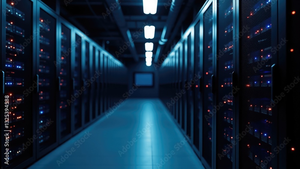 Poster image of data center featuring multiple rows of fully operational server racks. modern telecommunica
