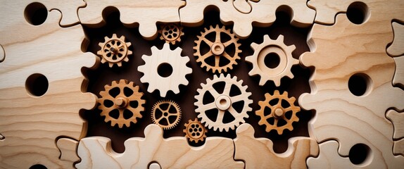 Solving the problem concept - puzzles and cogwheels. Wooden gears beneath the puzzle, representing the idea of advancing to the next level. Cogwheels emerging from under a jigsaw puzzle.