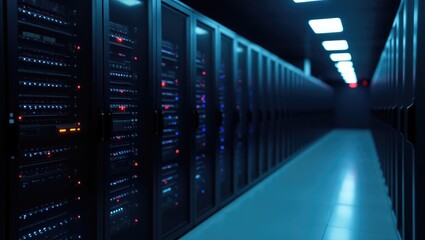 Shot of Data Center Featuring Numerous Rows of Fully Functional Server Racks. Modern Telecommunications, Artificial Intelligence, Supercomputer Technology Concept. Captured in Darkness with Neon Li...