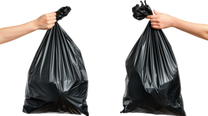 Two hands holding full black plastic garbage bags on transparent background
