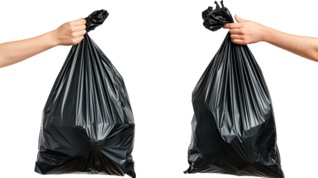 Two hands holding full black plastic garbage bags on transparent background