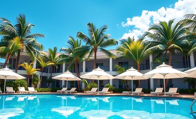 serene tropical poolside oasis with white umbrellas, blue sky
