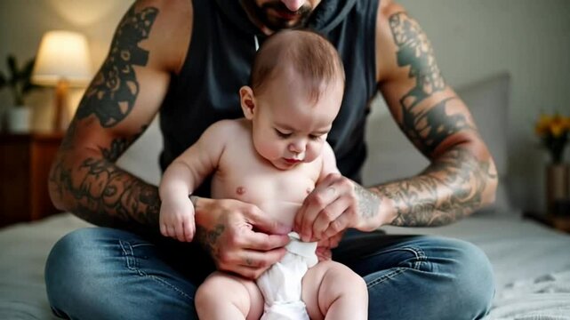 Caring first-time father, man with tattooed arms changing reusable diaper of cute baby while sitting on bed in bedroom, struggling to adjust diaper. The baby is calm. Sustainable parenting practices