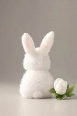 Fototapeta premium Back view of a fluffy white bunny is calmly positioned next to a beautiful flower, creating a serene atmosphere