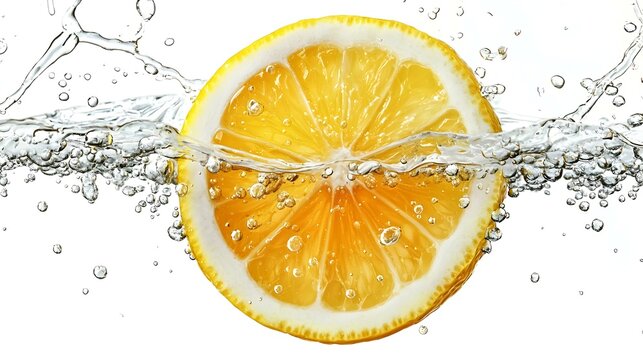 Lemon slice in water against white background
