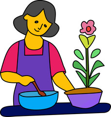 Mother Cooking and Gardening Illustration