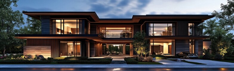 Obraz premium Elegant Modern House Architecture with Warm Lighting and Landscaped Exterior