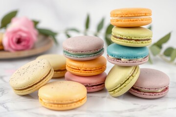 Obraz premium Colorful macarons arranged with flowers