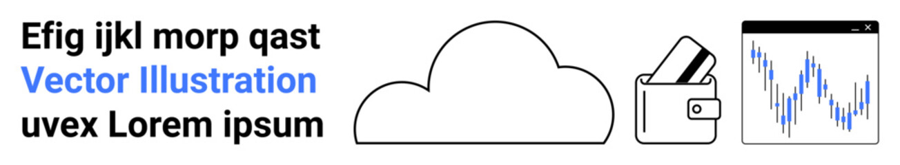 Cloud icon, wallet with cards, and stock market graph with text. Ideal for finance, cloud storage, banking, market analysis, fintech data management and investment themes. Landing page
