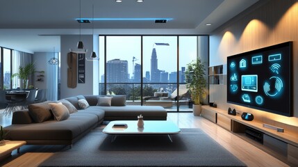 Modern living room with a view of a city skyline, featuring smart technology and stylish decor