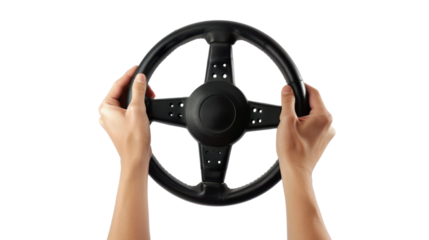 Hands holding steering wheel on transparent background