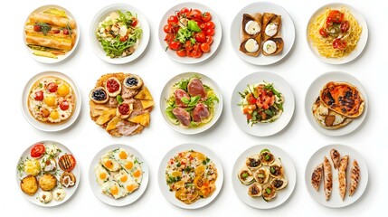 Collage of restaurant dishes isolated on white