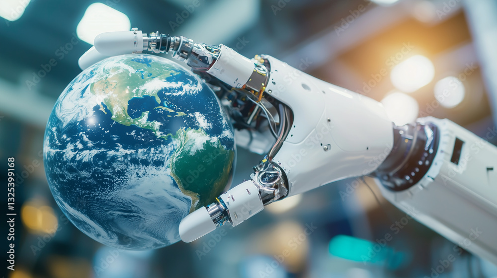 Poster robotic arm delicately holds small globe, symbolizing technology global impact. scene is set in indu