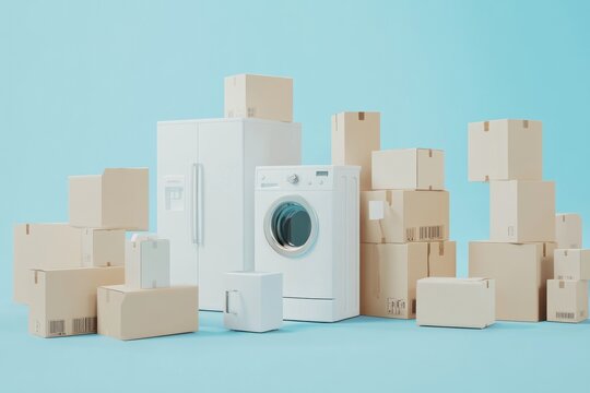 Appliances and cardboard boxes on light blue background.