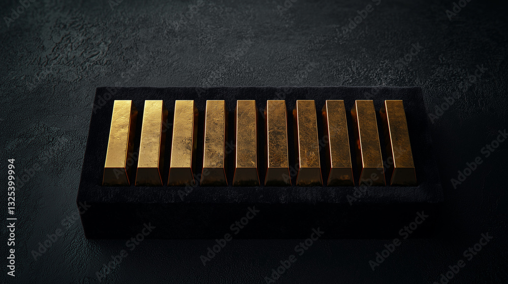 Poster golden bullion bars arranged on black velvet surface symbolize wealth and luxury. rich texture and g
