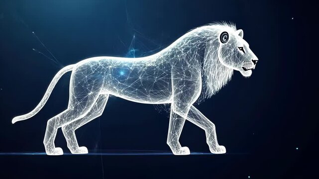Futuristic digital lion hologram in motion with glowing network lines