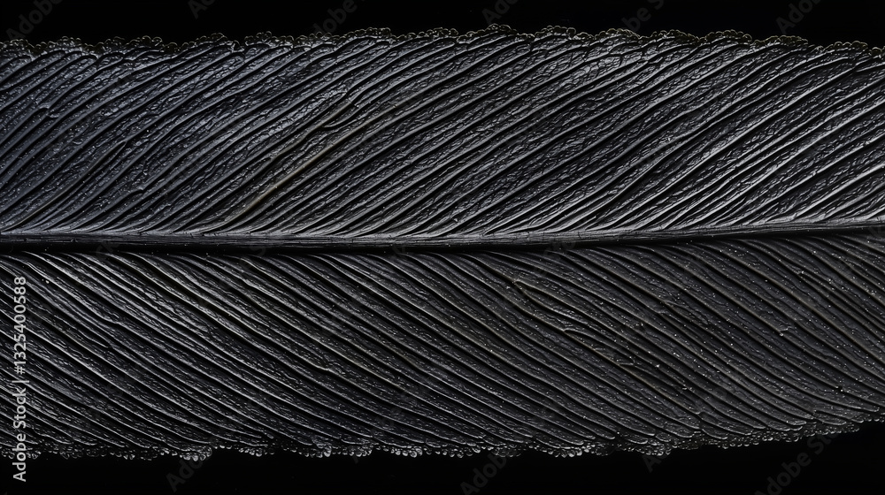 Poster close up image of dark feather showcasing its intricate texture and delicate structure against black background. fine details of feather barbs and grooves are highlighted