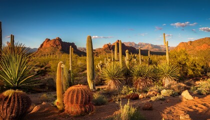 a vibrant desert landscape featuring various cacti with bright orange spines surrounded by lush greenery and rocks basking in warm sunlight creating a serene atmosphere