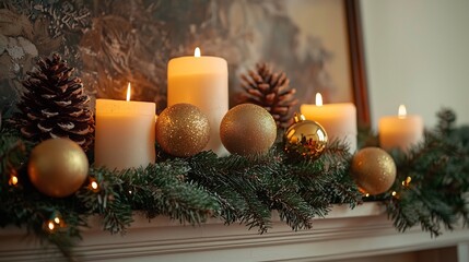 Elegant holiday mantelpiece decorated pine garlands golden baubles flickering candles warm cozy ambiance high detail shot