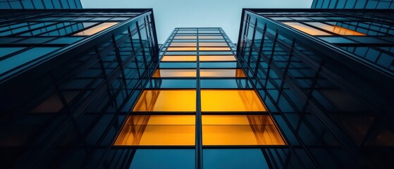 Obraz premium Architectural Majesty: A Worm's Eye View of Modern Glass Skyscrapers