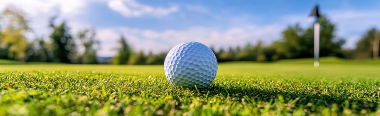 Fototapeta premium Close-up of a Golf Ball on the Green with Blue Sky Background