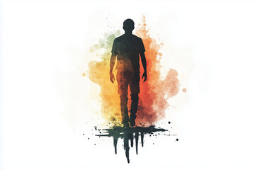 silhouette of person walking away, surrounded by colorful watercolor splashes, evokes sense of journey and exploration