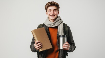 A guy student with a folder and a thermal mug on a white background, isolated
