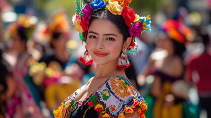 Fototapeta premium Lively Festive Atmosphere of Feria de Abril in Seville, Women in Vibrant Flamenco Dresses Adorned with Flowers, Celebrating Tradition with Joy and Elegance