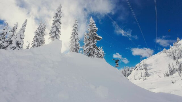 Slow Motion Front Flip Snowboarding with Blue Sky