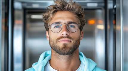 young man with glasses and hoodie stands confidently in elevator