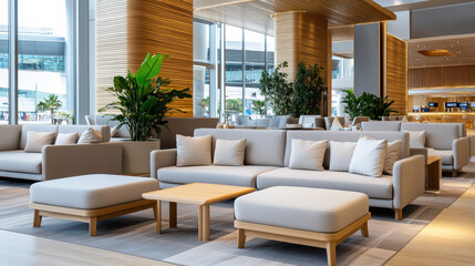 modern airport lounge with soft cushions and plants for relaxation