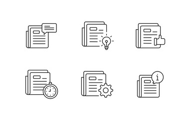 Business Document Management Icons Set. Communication, Idea Generation, Approval Workflow, Deadline Tracking, System Configuration, and Information Processing.