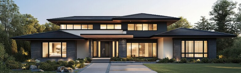 Obraz premium Modern Home Exterior with Landscaping at Dusk showcasing architectural design