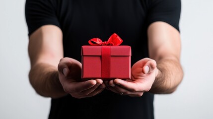 A man holds a gift box tied with a ribbon in his hands