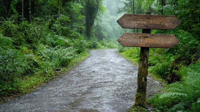 foggy forest road with old wooden signpost guiding way