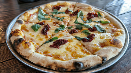 Fresh Gourmet Pizza from Wood-Fired Oven with Toppings of Basil and Sundried Tomatoes