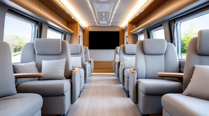 Luxurious airport shuttle bus interior with comfortable seating and modern design
