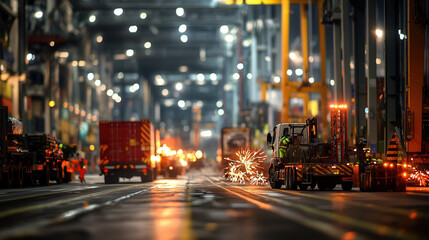 Fototapeta premium bustling logistics port with towering cranes, trucks, and sparks flying, showcasing efficient operations and vibrant activity