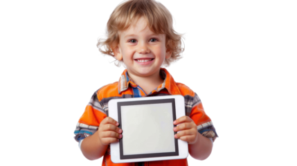 Smiling child showing digital tablet with blank screen on transparent background