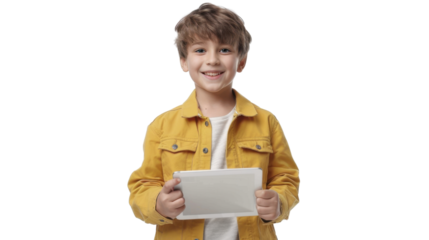 Smiling young boy holding digital tablet on transparent background