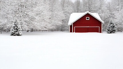 serene snowy landscape featuring single red barn surrounded by trees